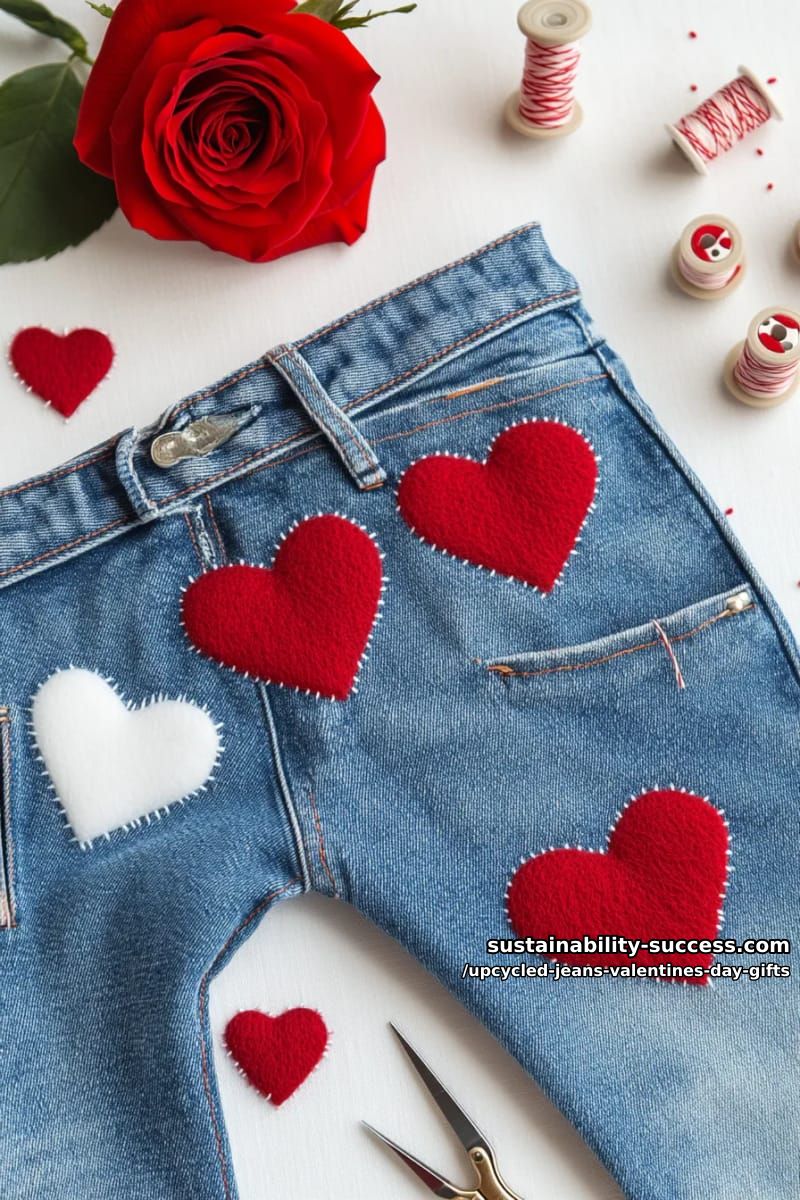 heart appliqué on jeans cuffs with red felt and hand-stitched detail 1