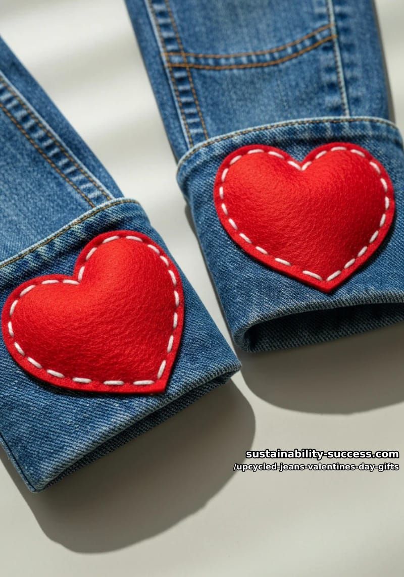 heart appliqué on jeans cuffs with red felt and hand-stitched detail 1