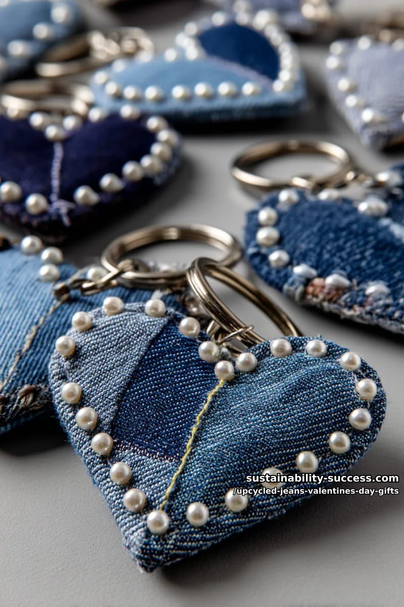 heart-shaped keychains from layered denim, decorated with pearls 1