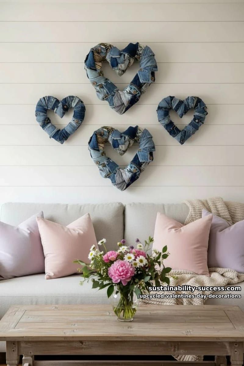 heart-shaped wreath made from old denim or fabric scraps 1