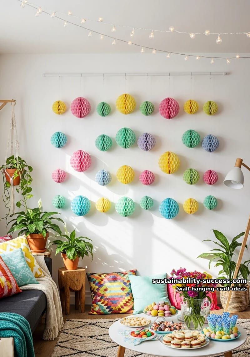 honeycomb paper spheres hung in a grid for a festive look. 1