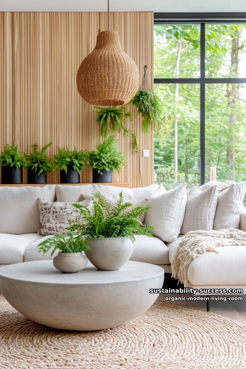 15 Organic Modern Living Room Designs for an Elegant Contemporary Feel 21 incorporate fluted wooden wall panels and stone planters for earthy modern character 1