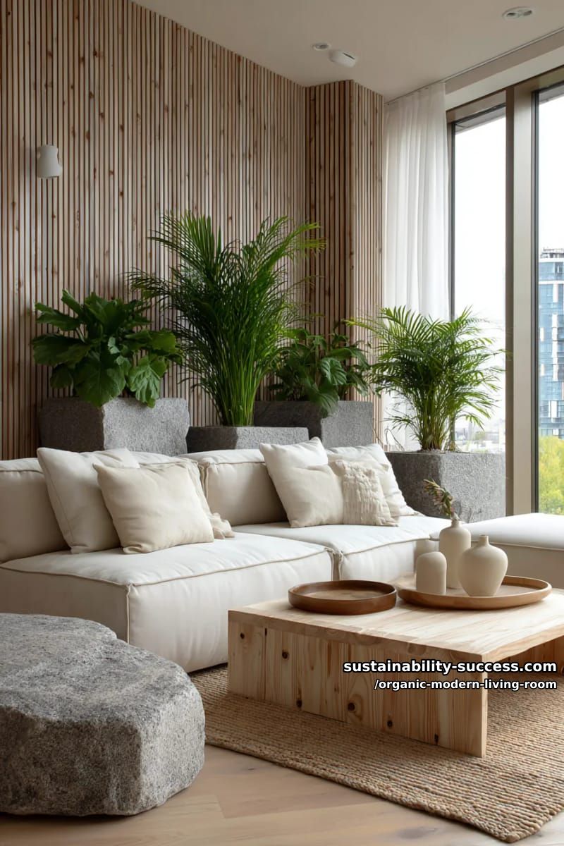 15 Organic Modern Living Room Designs for an Elegant Contemporary Feel 22 incorporate fluted wooden wall panels and stone planters for earthy modern character 1