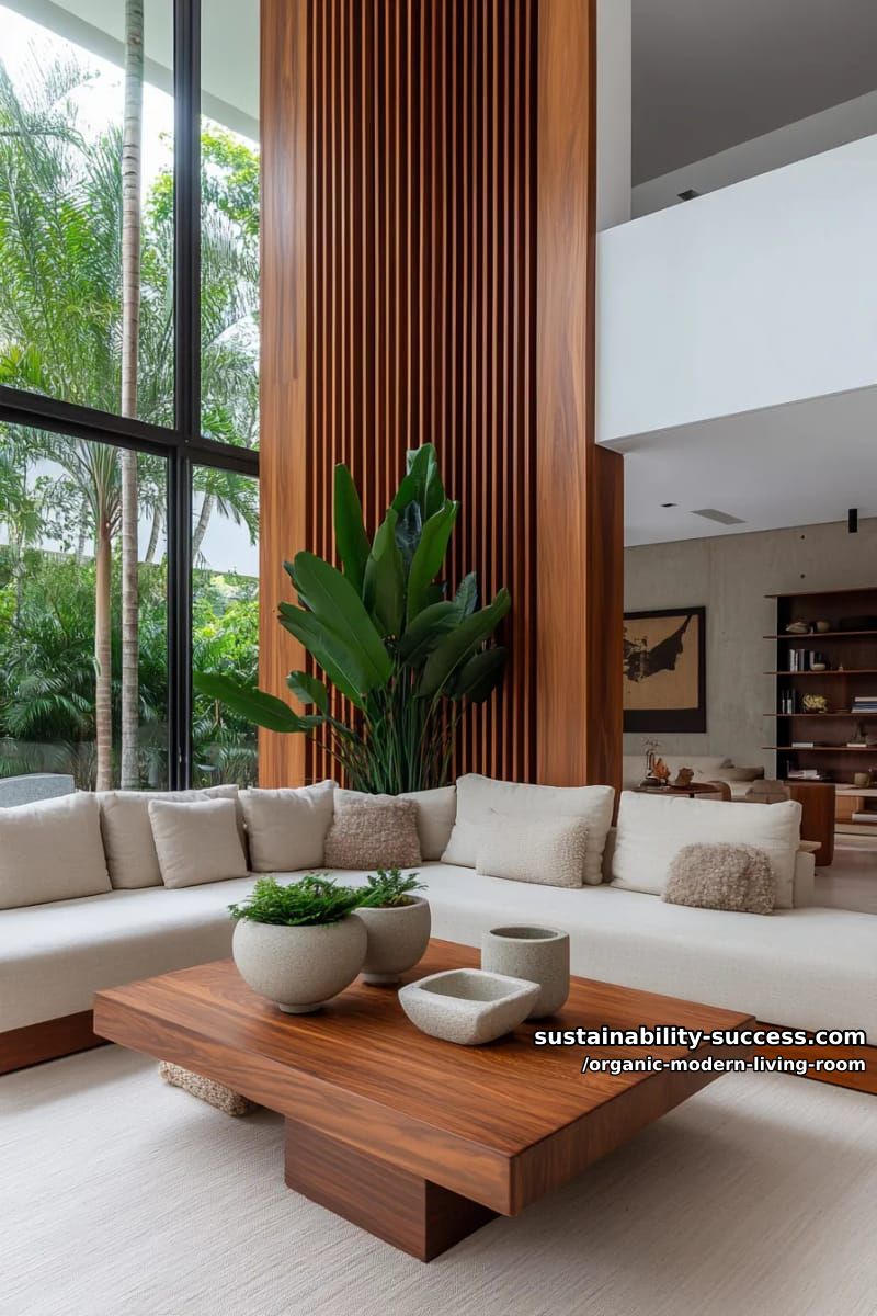 15 Organic Modern Living Room Designs for an Elegant Contemporary Feel 23 incorporate fluted wooden wall panels and stone planters for earthy modern character 1