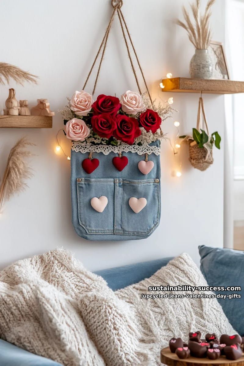 jeans pocket hanging wall vase for faux roses and chocolates 1