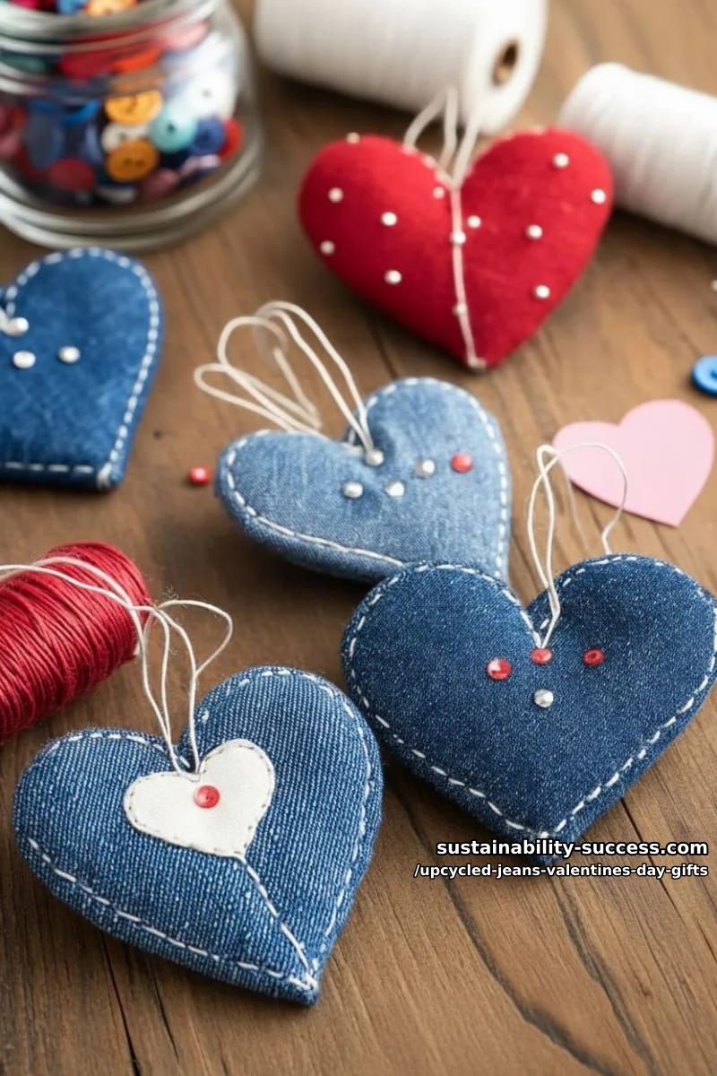 jeans scrap heart ornaments with visible white stitching and sequins 1