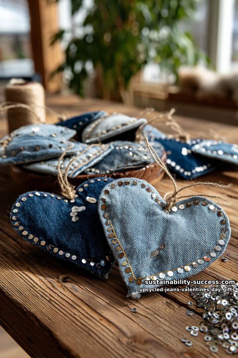 jeans scrap heart ornaments with visible white stitching and sequins 1