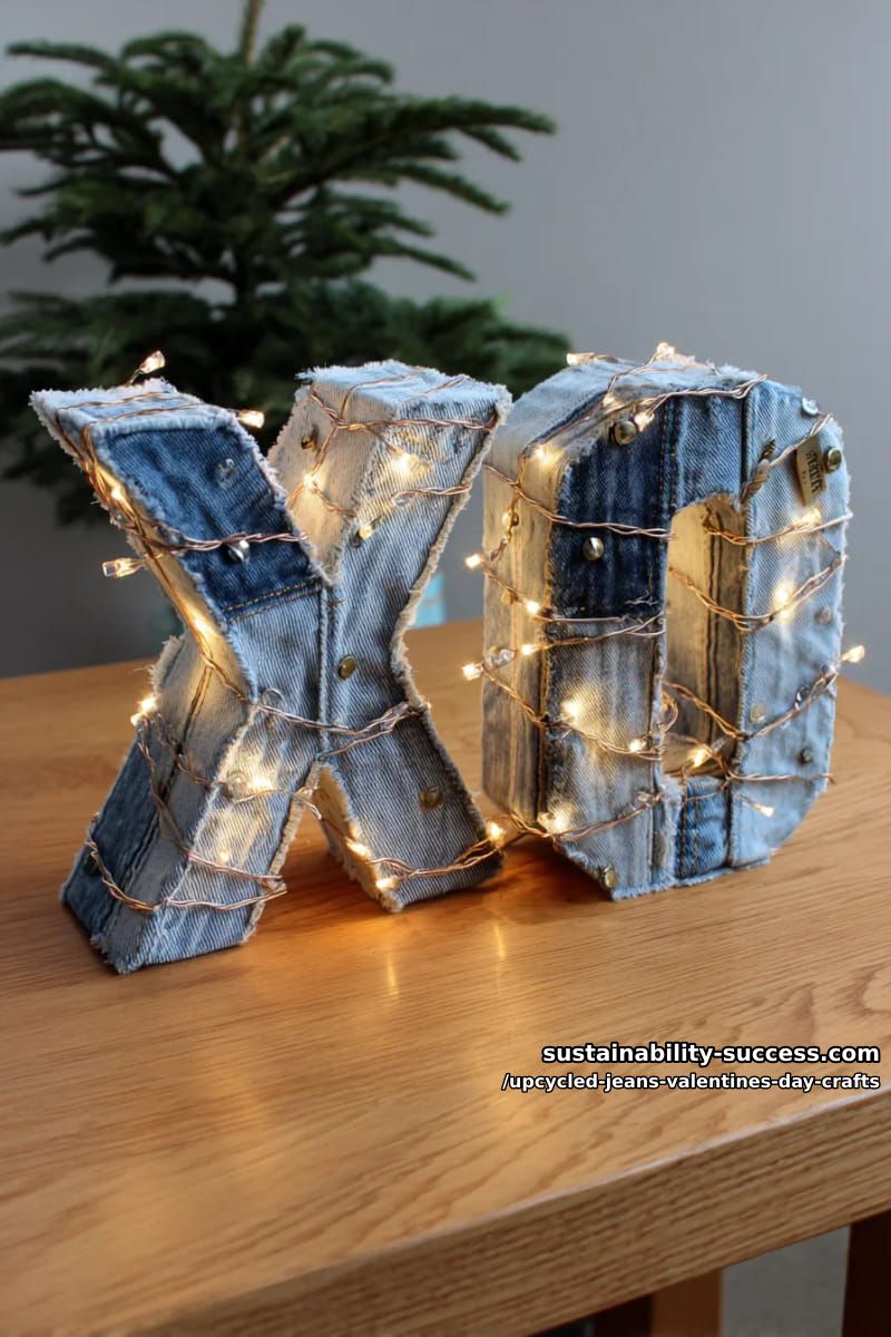 15 Creative Upcycled Jeans Valentine’s Day Crafts 14 jeans seam “xo” letter art wrapped in fairy lights for cozy romance 1