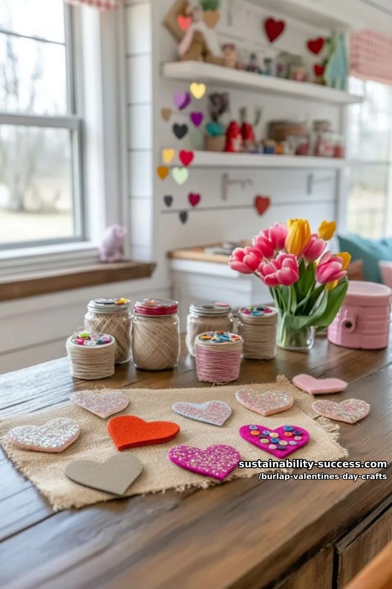 kid-friendly burlap heart magnets with glitter and button details 1