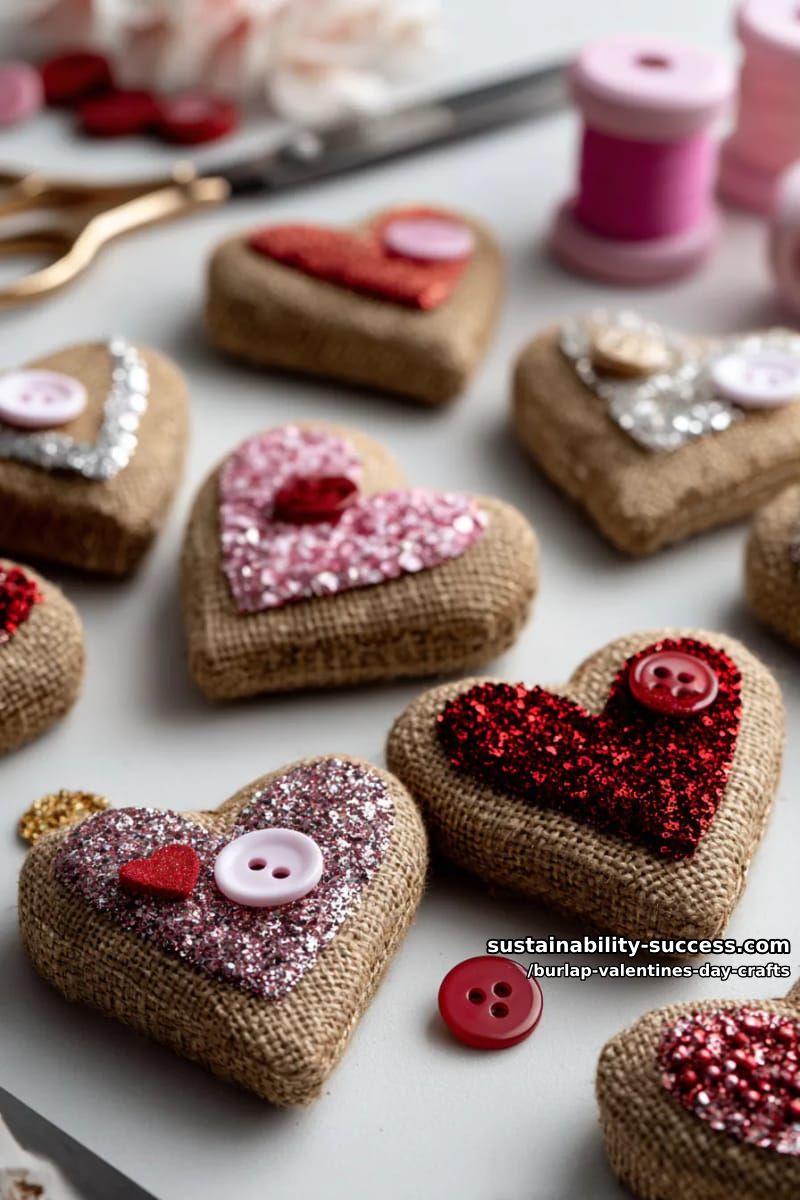 kid-friendly burlap heart magnets with glitter and button details 1