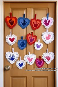 kids’ handprint hearts in denim, surrounded by paper doily frills 28