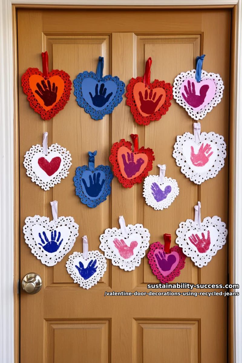 kids’ handprint hearts in denim, surrounded by paper doily frills 1