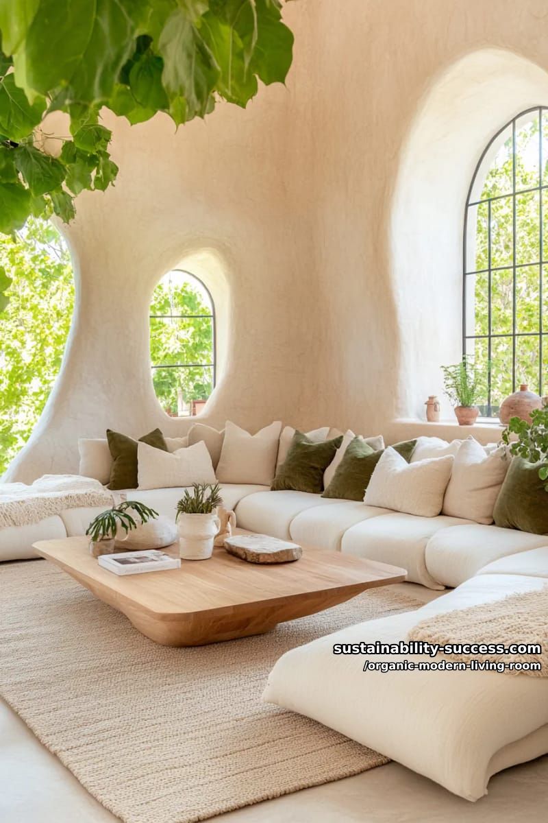 15 Organic Modern Living Room Designs for an Elegant Contemporary Feel 3 layer curved, low-profile sofas with chunky knit throws and olive-toned cushions 1