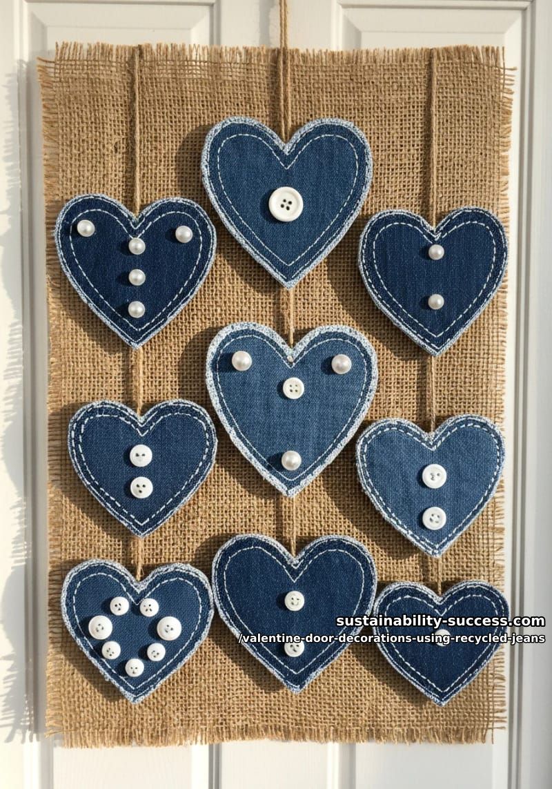layered jean hearts sewn on burlap with pearl and button details 1