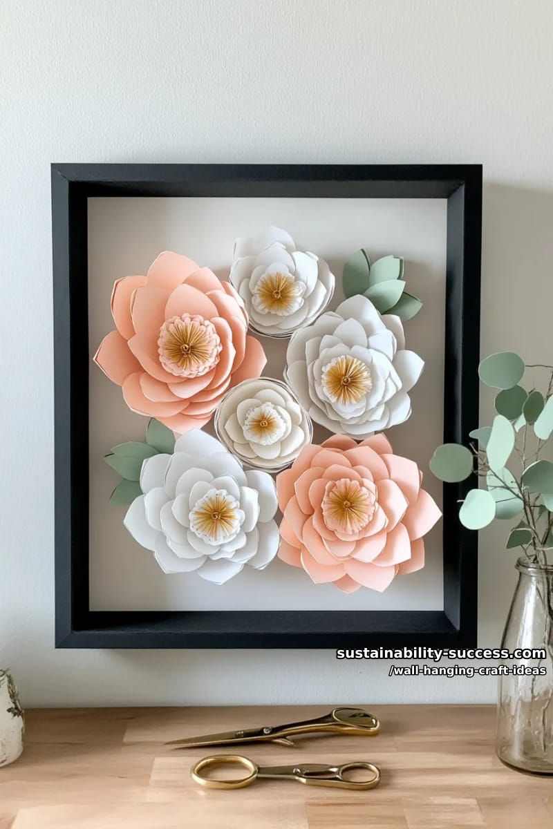 layered paper lotus flowers glued to a square black frame. 1