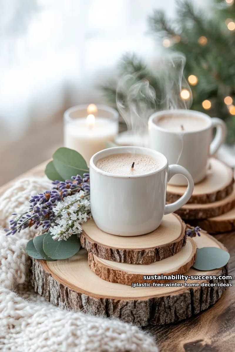 layered wood slice coasters stacked with dried flowers, creating seasonal vignettes. 25