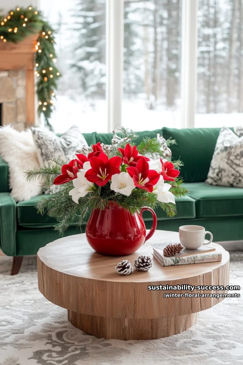 lush amaryllis and fir sprigs arranged in a bright red pitcher 1