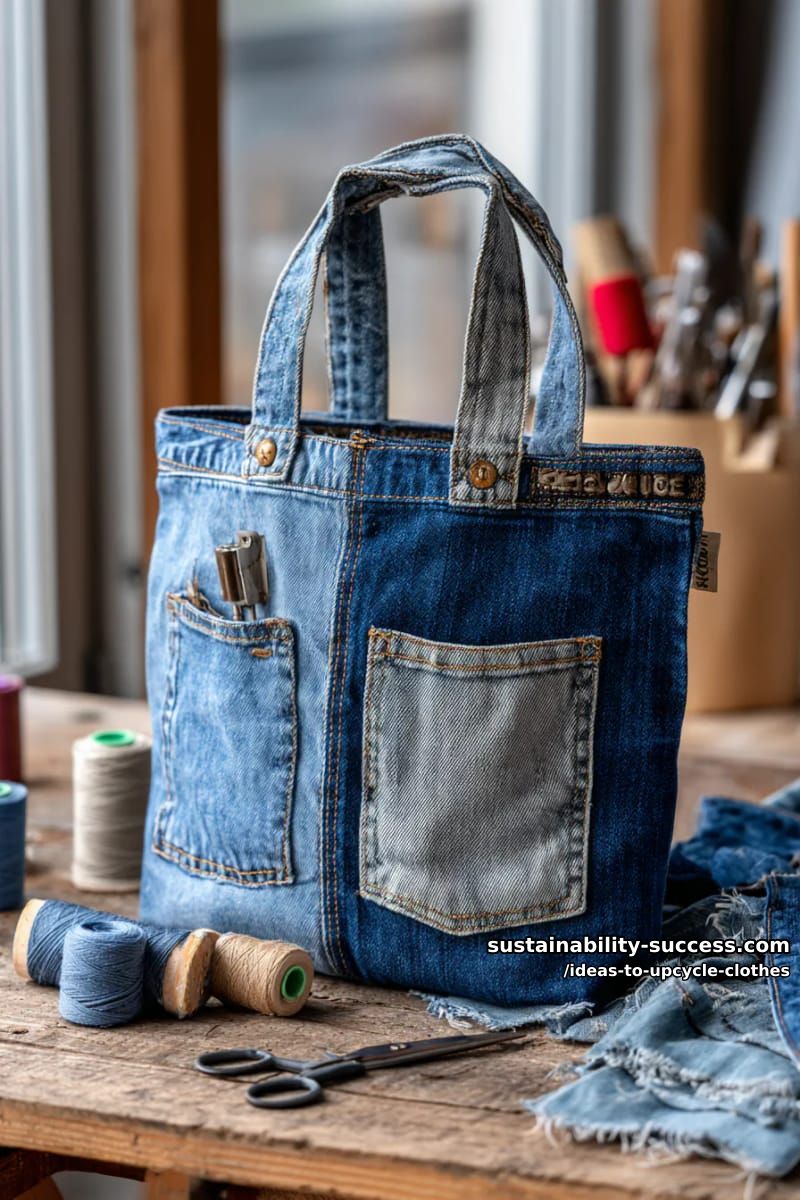 15 Fresh Upcycled Clothing Ideas to Try This Season 11 make a tote bag with visible seams using recycled denim legs and pockets. 1