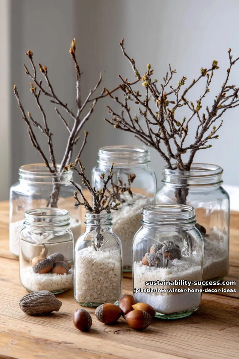 mason jar mini winter wonderlands with salt, twigs, and acorns. 1