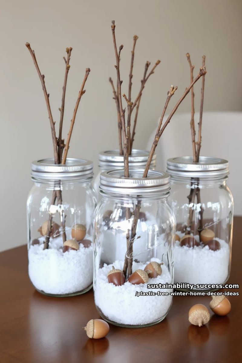 mason jar mini winter wonderlands with salt, twigs, and acorns. 1