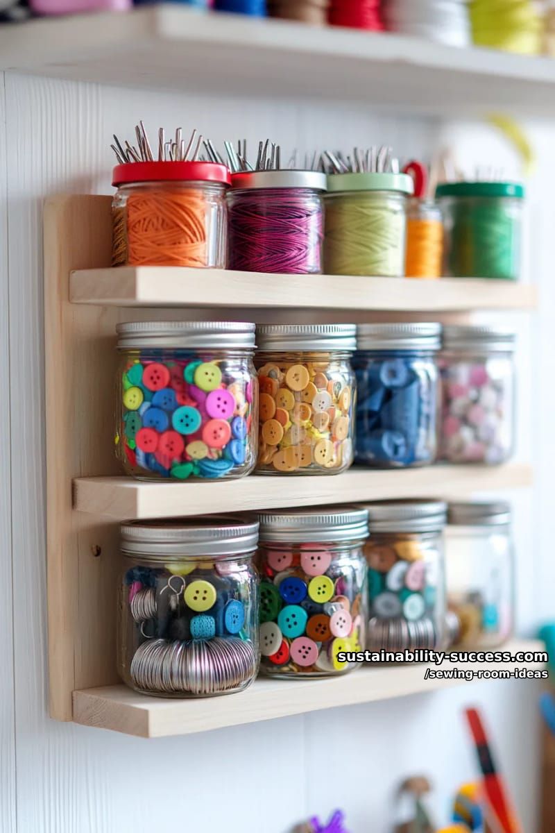 15 Zesty Sewing Room Ideas to Jazz Up Your Space! 19 mason jar wall rack for colorful button, pin, and bobbin organization. 1