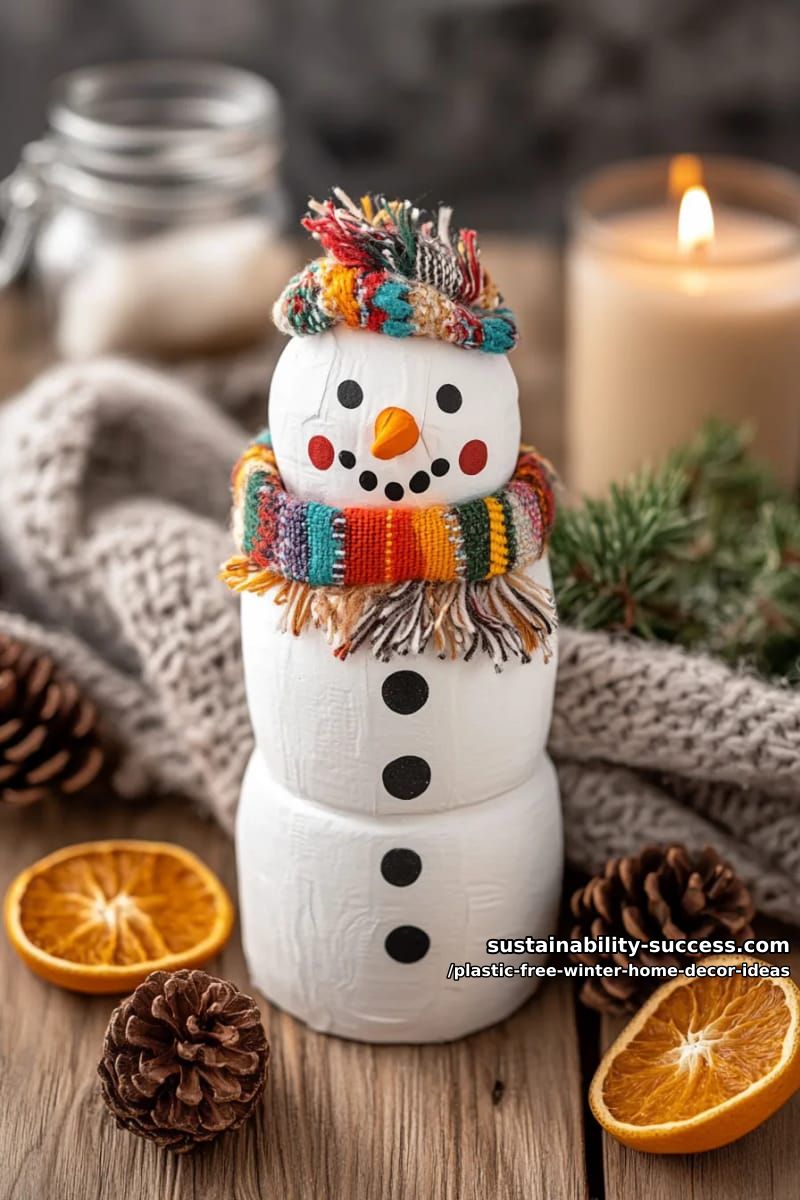 milk carton snowman painted with nontoxic paint, accessorized with scrap fabric scarf. 1