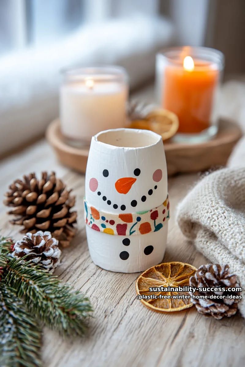 milk carton snowman painted with nontoxic paint, accessorized with scrap fabric scarf. 1