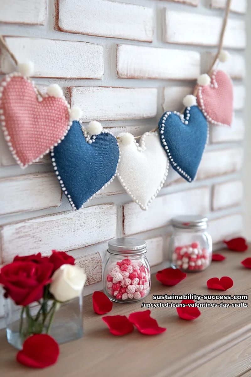 15 Creative Upcycled Jeans Valentine’s Day Crafts 23 mini jeans heart banners mixed with vintage lace and pom-pom trim 1