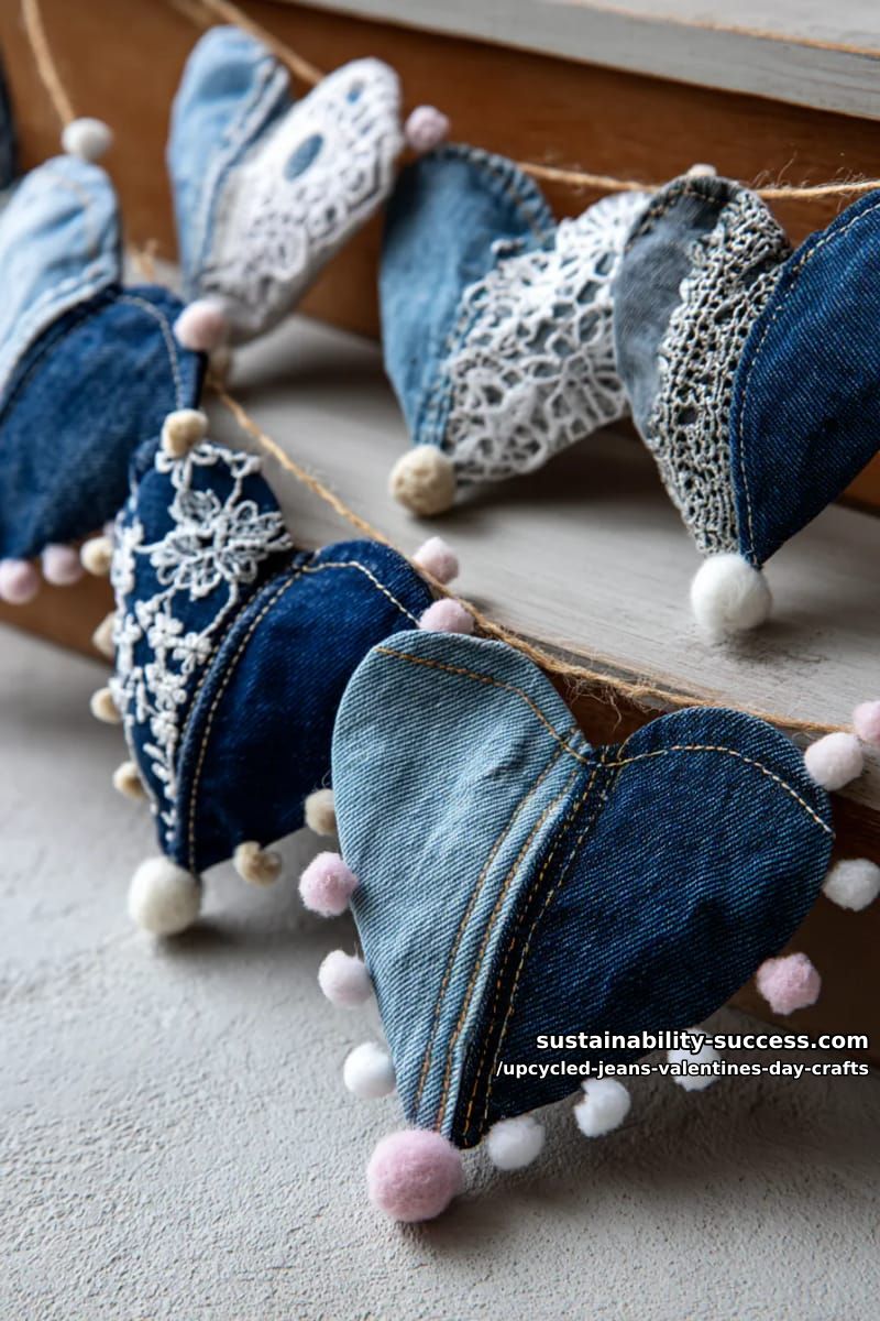 15 Creative Upcycled Jeans Valentine’s Day Crafts 24 mini jeans heart banners mixed with vintage lace and pom-pom trim 1