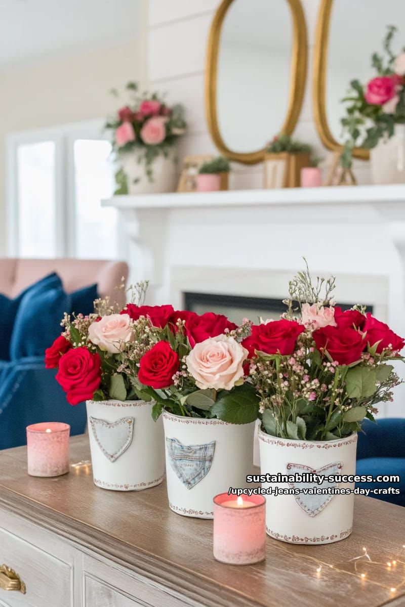 15 Creative Upcycled Jeans Valentine’s Day Crafts 4 mini jeans pocket vases holding red roses and baby’s breath for mantel decor 1