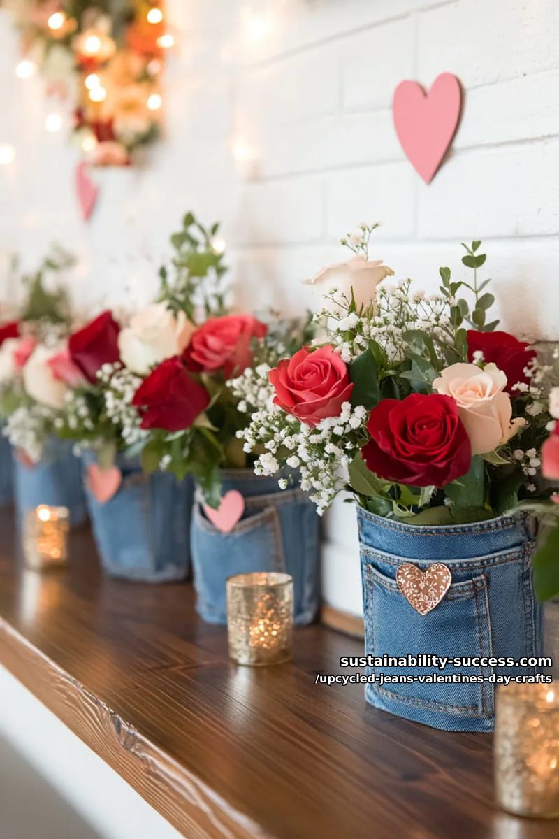 15 Creative Upcycled Jeans Valentine’s Day Crafts 5 mini jeans pocket vases holding red roses and baby’s breath for mantel decor 1