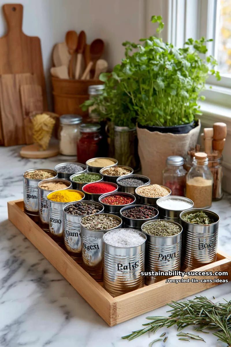 15 Superb Ideas to Upcycle Tin Cans 39 mini storage bins for kitchen spices using hand-stamped tin cans 1