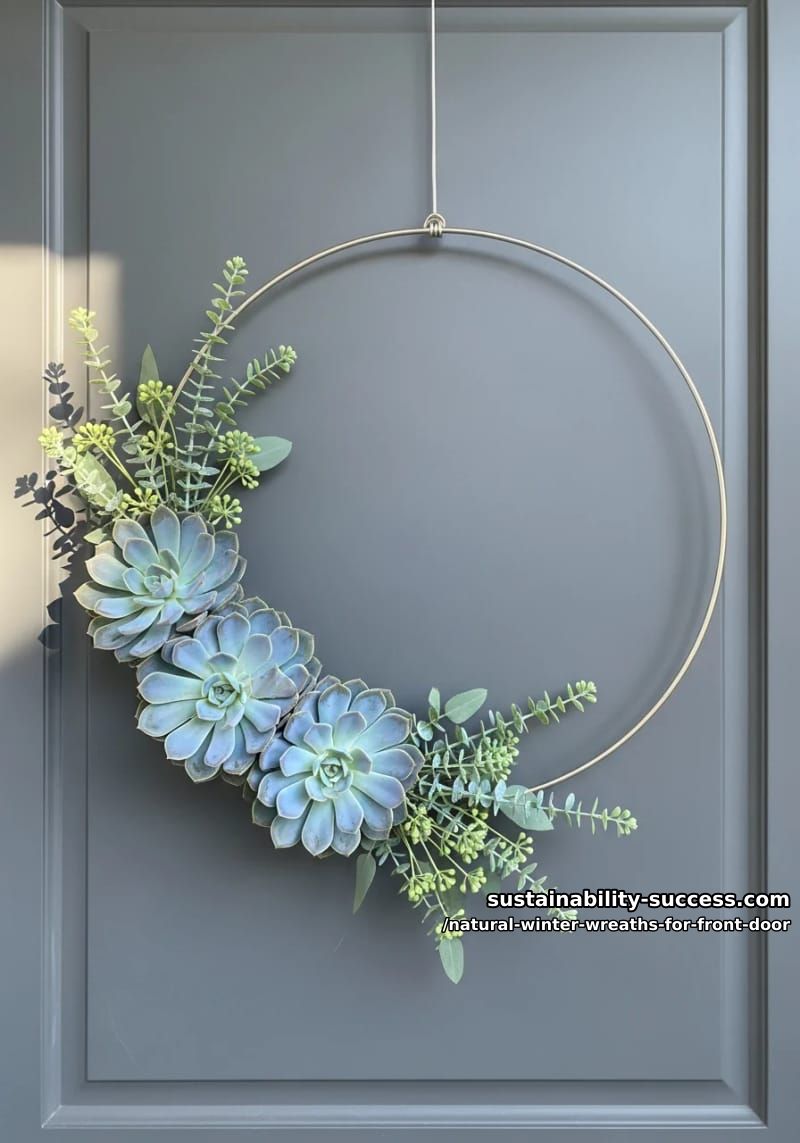 minimal hoop wreath with icy blue succulents and seeded eucalyptus 1