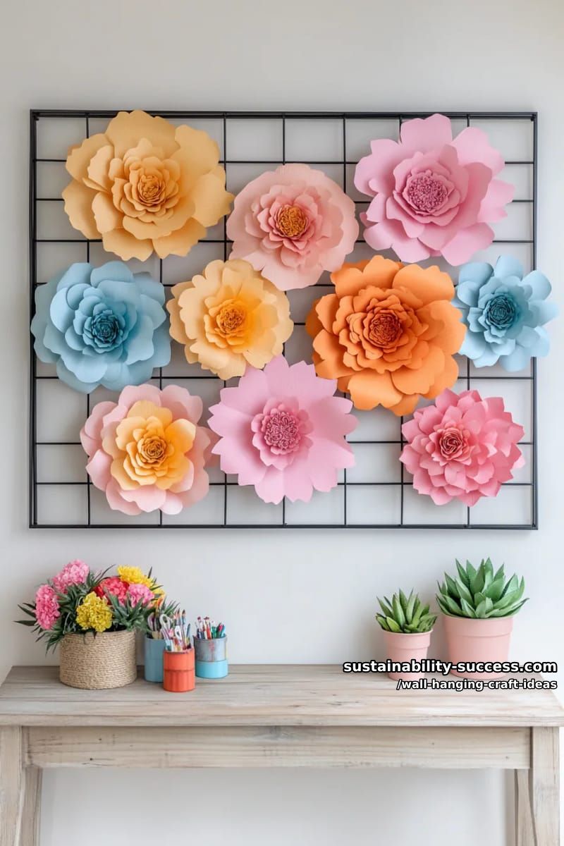minimalist black grid with attached vibrant 3d paper flowers. 1
