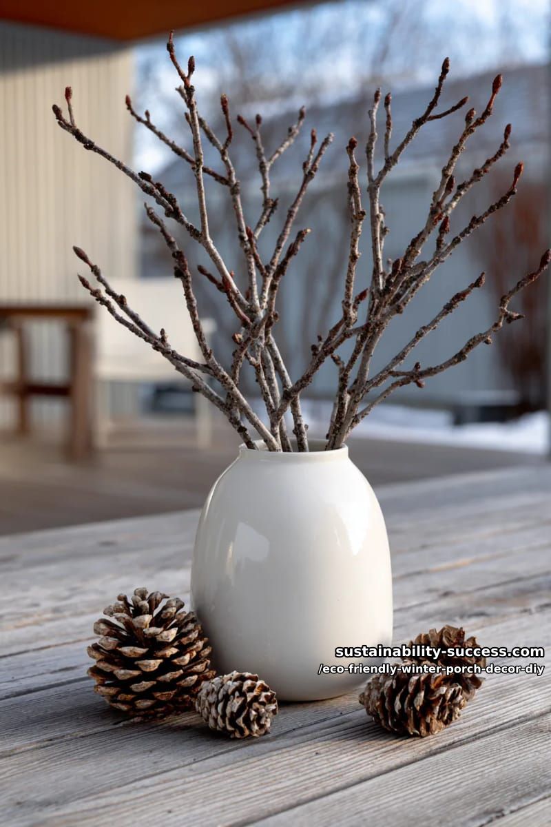 minimalist vase arrangement with bare branches and pinecones 1
