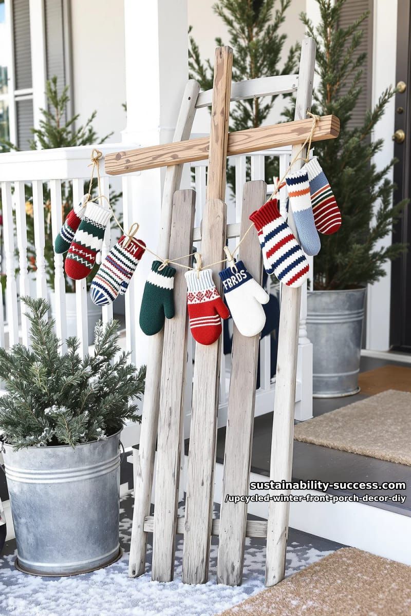 mittens garland from upcycled sweaters strung across vintage sled on porch rail 1