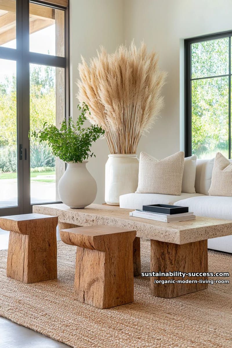 15 Organic Modern Living Room Designs for an Elegant Contemporary Feel 6 mix travertine coffee tables with sculptural wooden accent stools and pampas grass 1