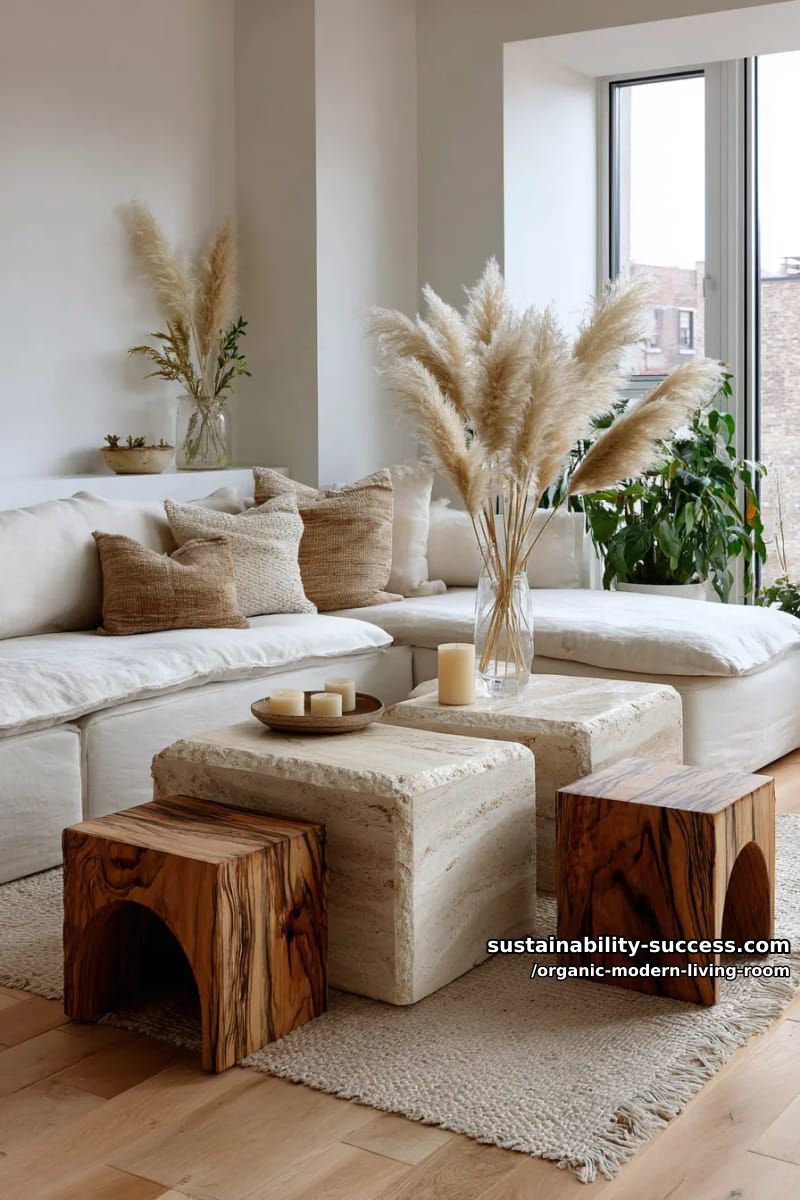 15 Organic Modern Living Room Designs for an Elegant Contemporary Feel 7 mix travertine coffee tables with sculptural wooden accent stools and pampas grass 1