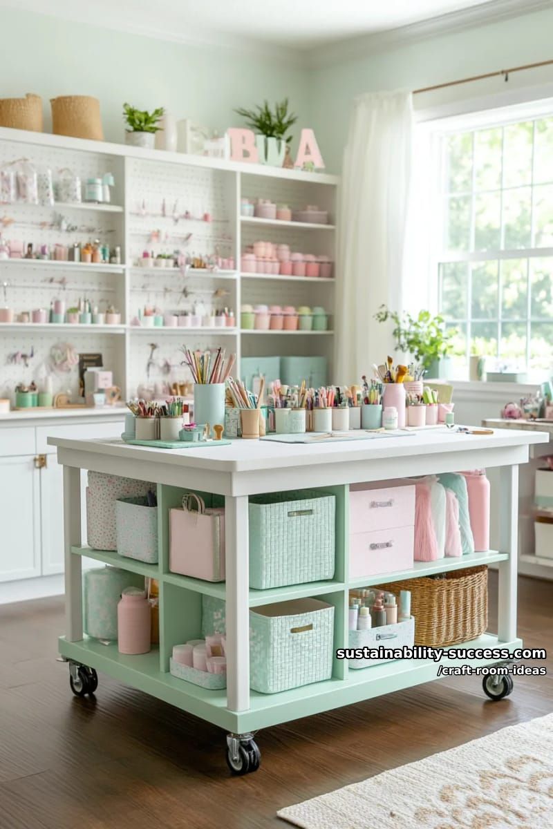 15 Inspiring Craft Room Ideas to Elevate Your Creative Space 14 mobile craft island with open shelving and pastel baskets for flexible workspace 1