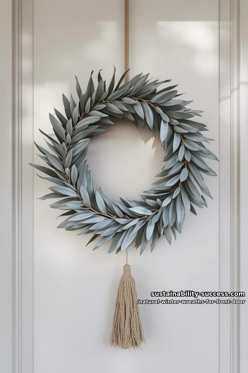 monochrome silver-green olive leaf wreath with hanging jute tassel 1