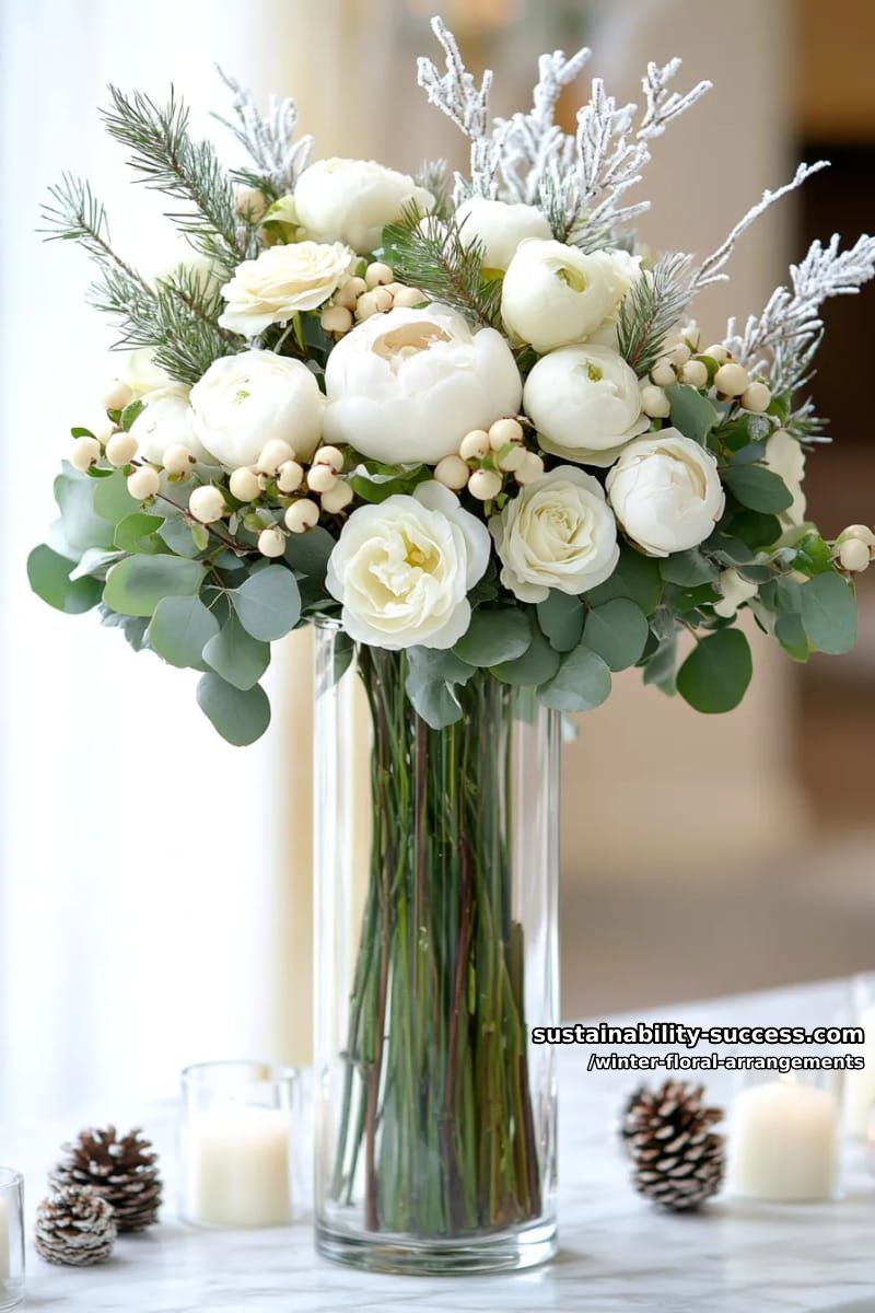 monochrome whites and creams with snow-dusted evergreens in a vase 1