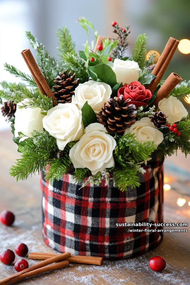 mossy pine, snowy roses, and cinnamon sticks in a cozy plaid container 1