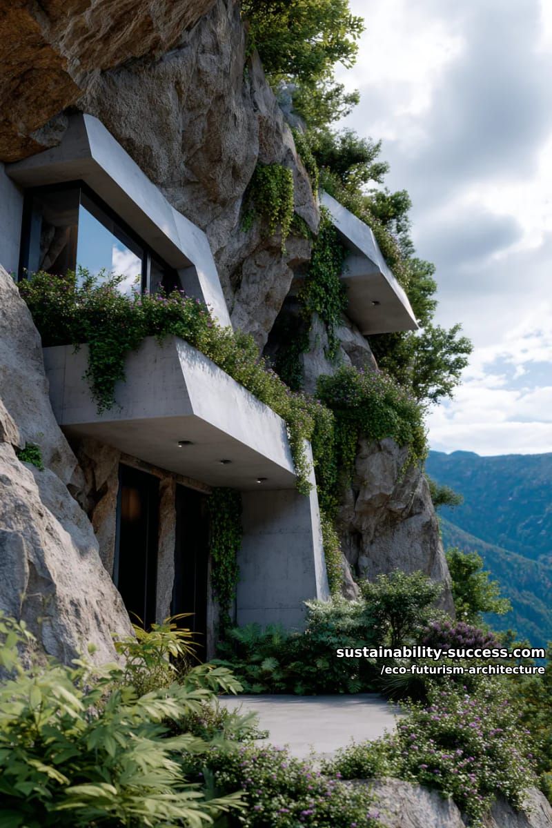mountain cliffside dwellings carved into rock, veiled in hanging gardens 1