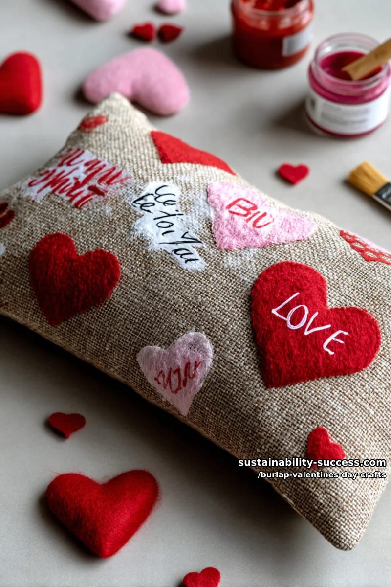 no-sew burlap valentine pillow with fabric paint love notes 1
