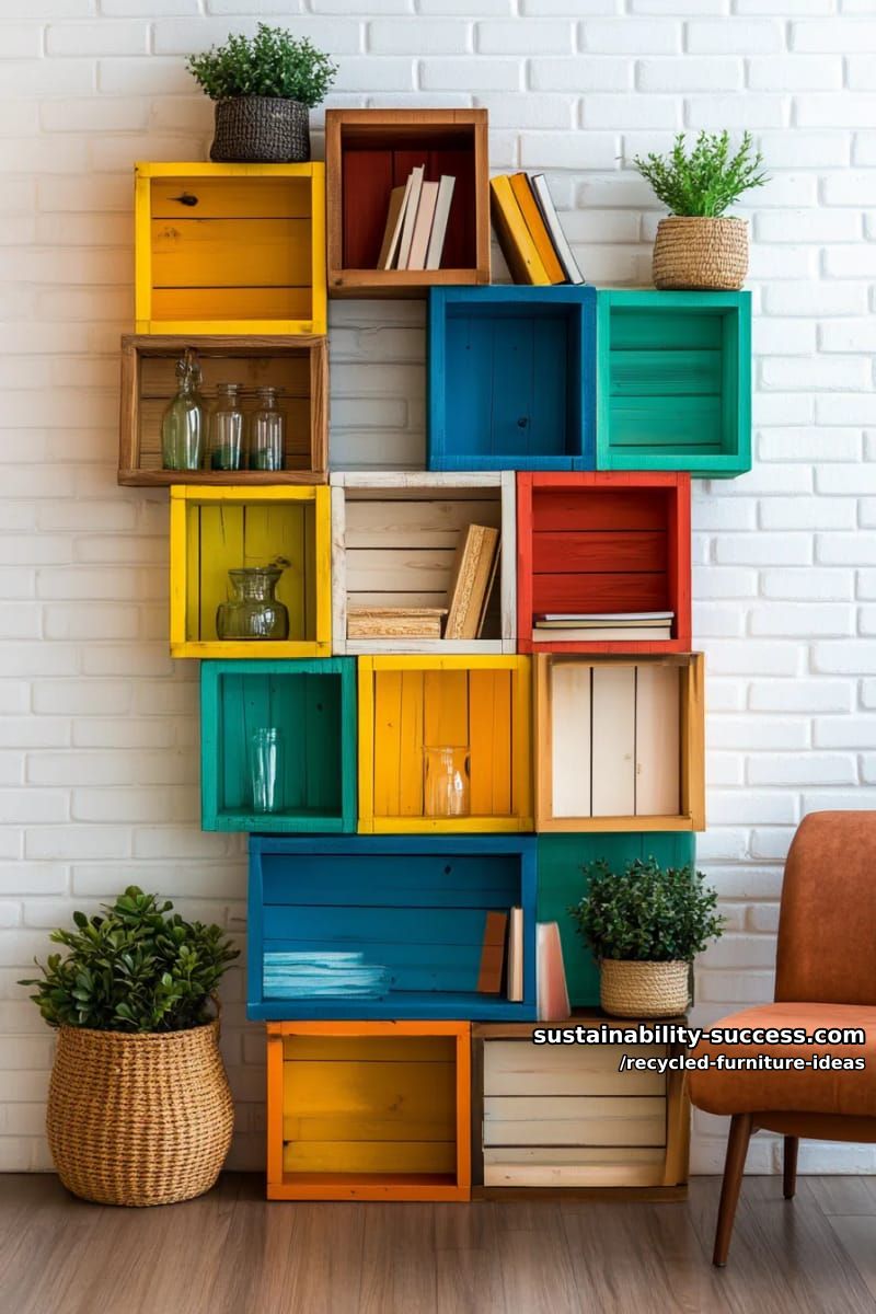 old wooden crates transformed into colorful modular bookshelf walls 1