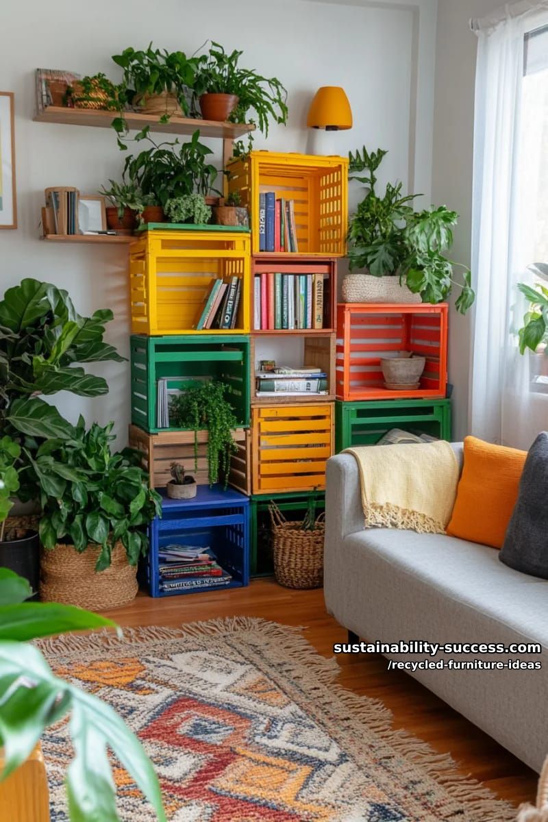 old wooden crates transformed into colorful modular bookshelf walls 1