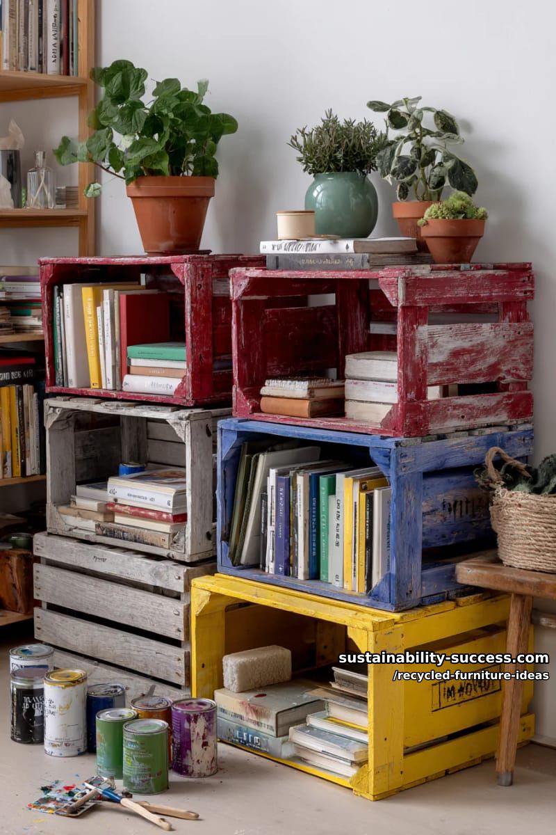 old wooden crates transformed into colorful modular bookshelf walls 1