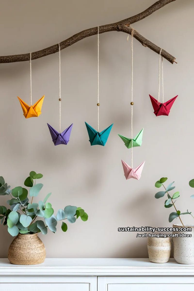 origami birds suspended from a painted wooden branch wall hanging. 1