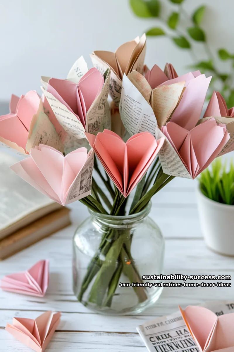 origami heart bouquets using old magazine pages in soft pink hues 1