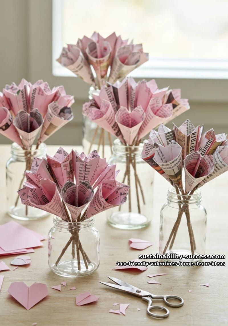 origami heart bouquets using old magazine pages in soft pink hues 1